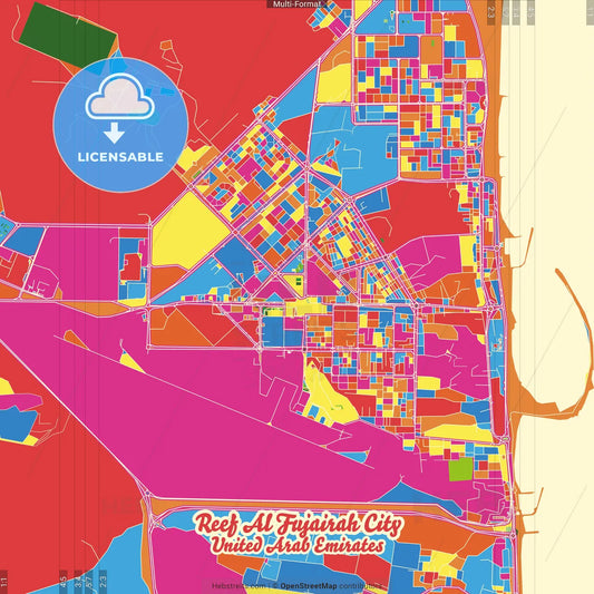 Reef Al Fujairah City, United Arab Emirates Crazy Colorful Street Map Poster Template