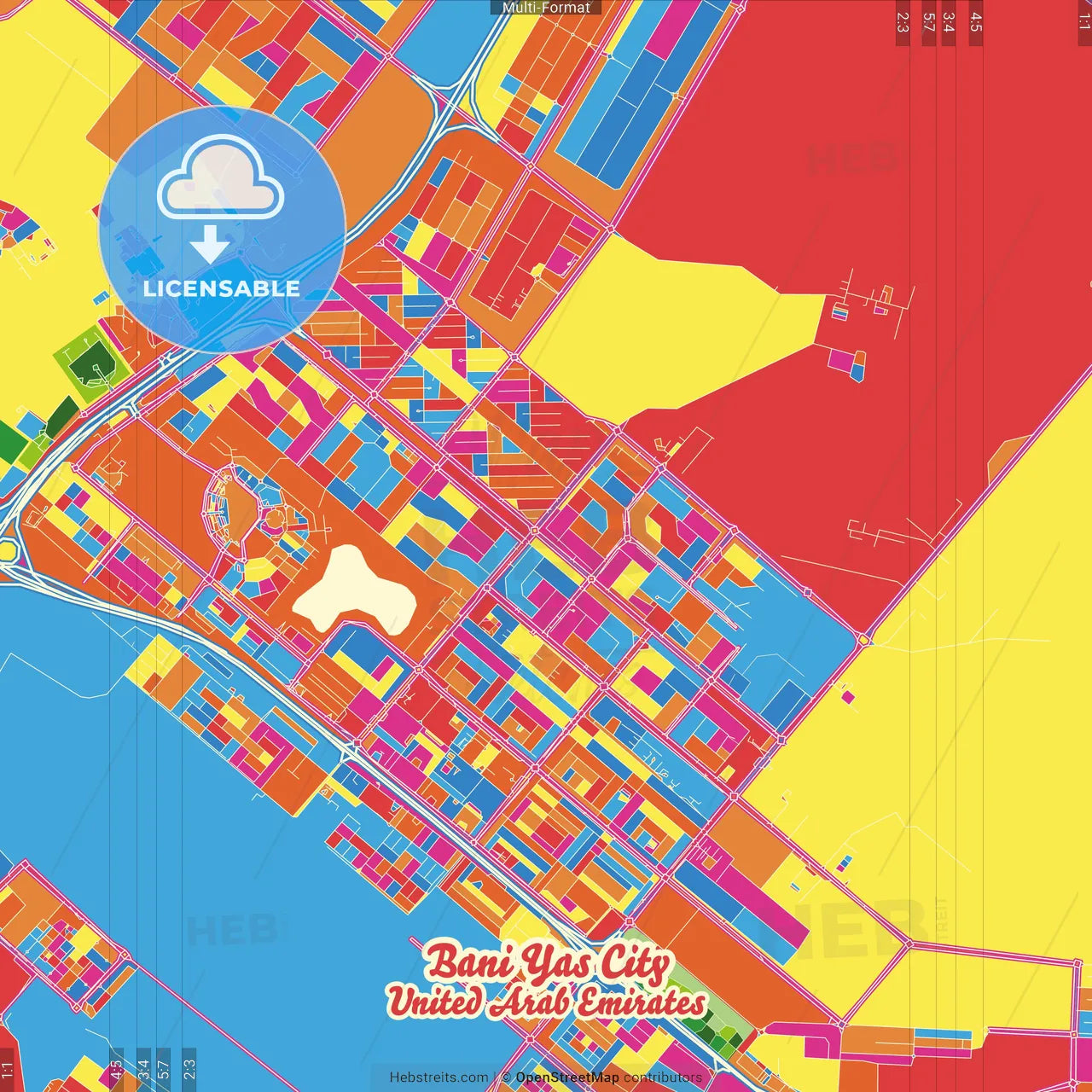 Bani Yas City, United Arab Emirates Crazy Colorful Street Map Poster Template