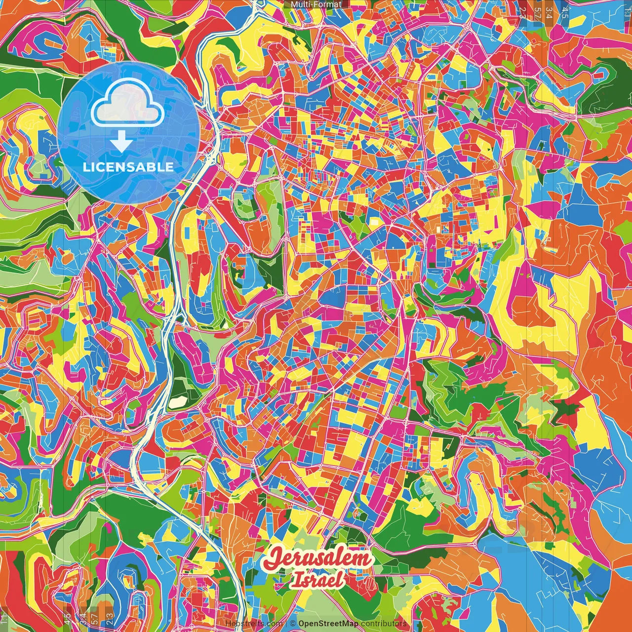 Jerusalem, Jerusalem, Israel Crazy Colorful Street Map Poster Template