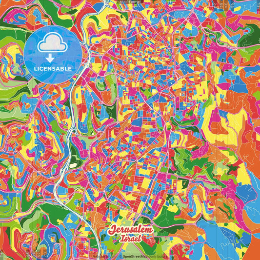 Jerusalem, Jerusalem, Israel Crazy Colorful Street Map Poster Template