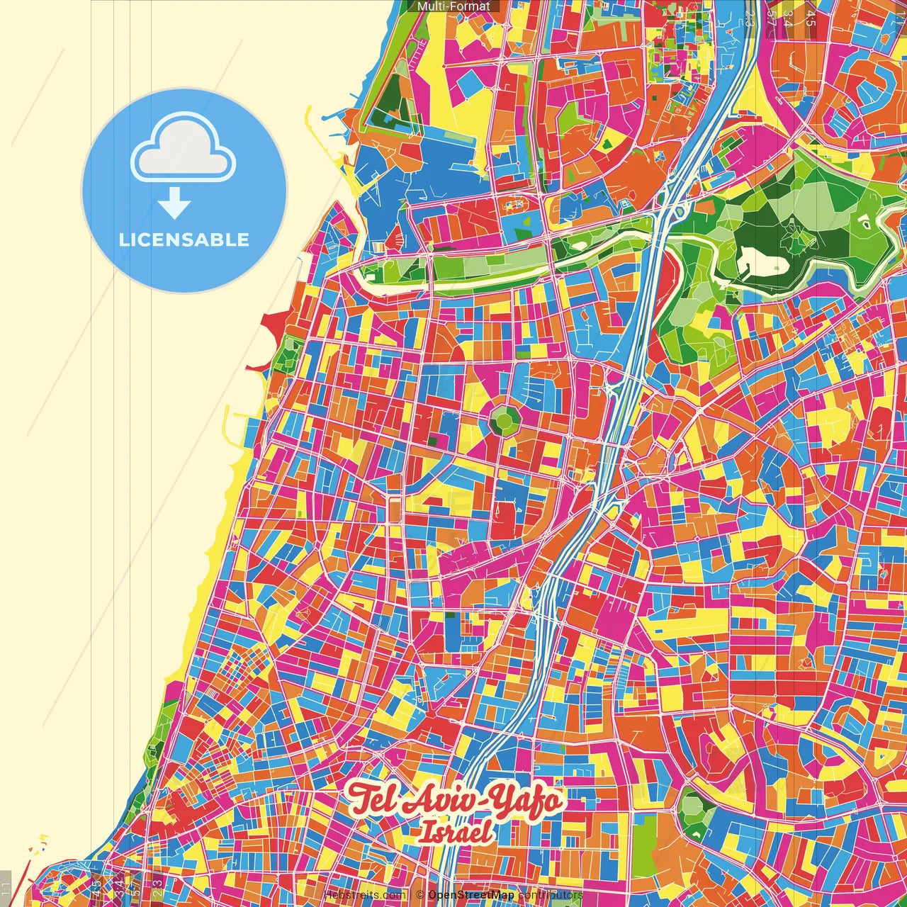 Tel Aviv-Yafo, Tel Aviv, Israel Crazy Colorful Street Map Poster Template