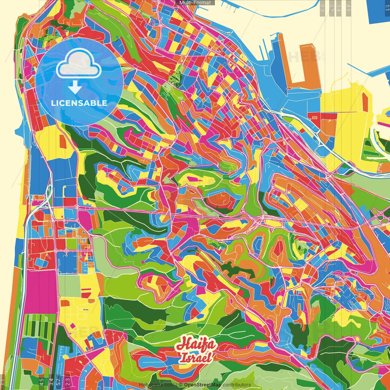 Haifa, Haifa, Israel Crazy Colorful Street Map Poster Template