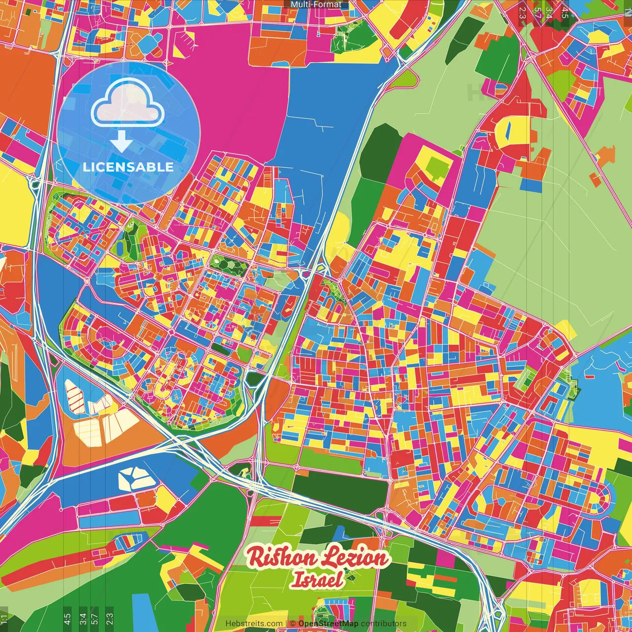 Rishon LeZion, Center, Israel Crazy Colorful Street Map Poster Template