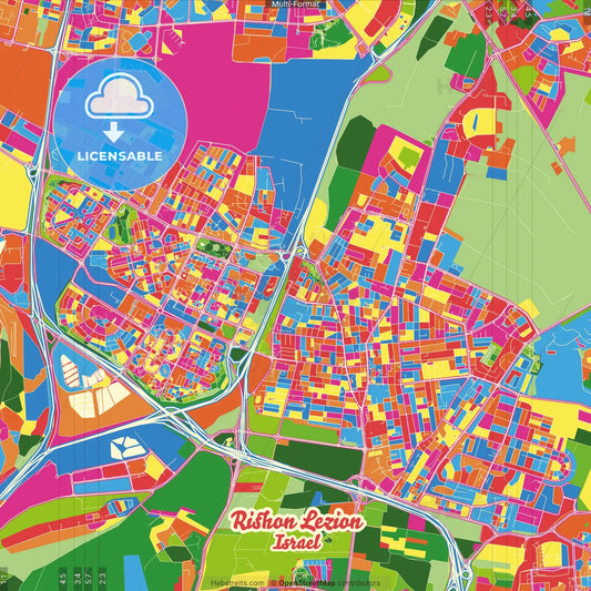 Rishon LeZion, Center, Israel Crazy Colorful Street Map Poster Template