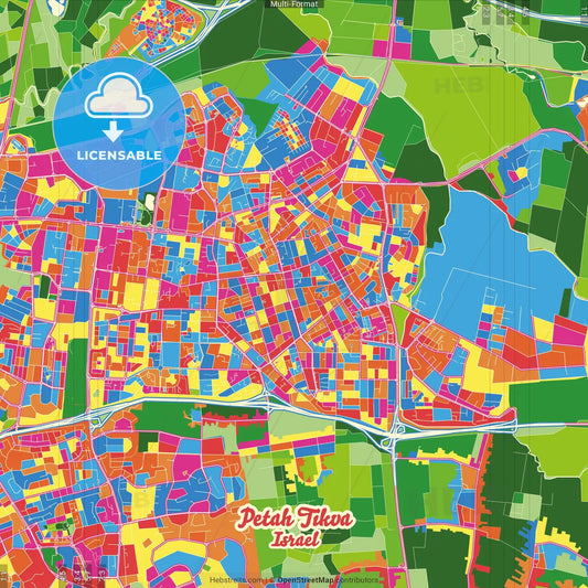 Petah Tikva, Center, Israel Crazy Colorful Street Map Poster Template