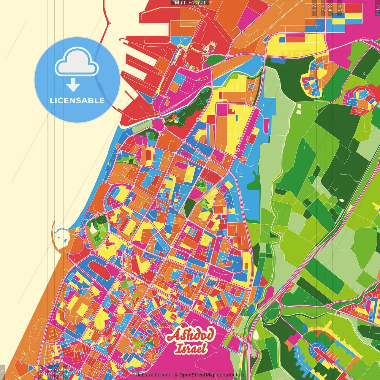 Ashdod, South, Israel Crazy Colorful Street Map Poster Template