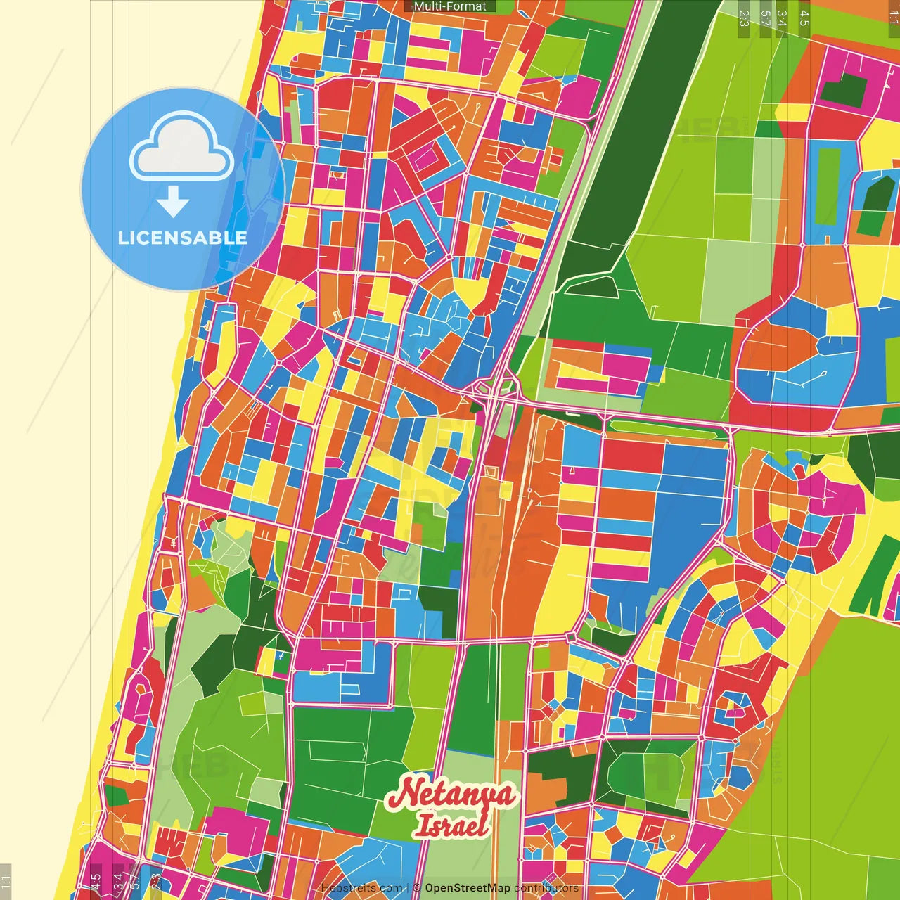 Netanya, Center, Israel Crazy Colorful Street Map Poster Template