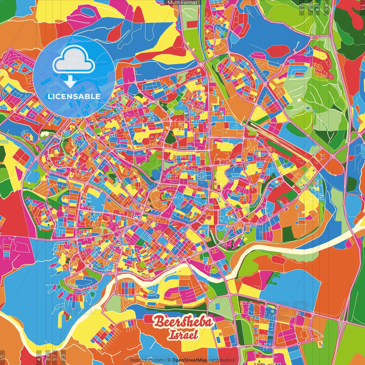 Beersheba, South, Israel Crazy Colorful Street Map Poster Template