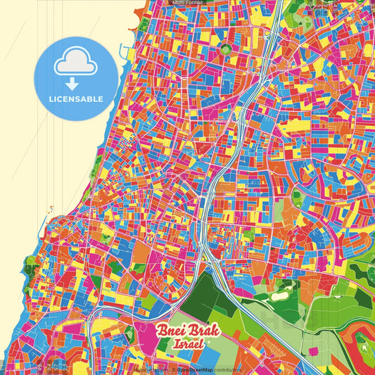 Bnei Brak, Tel Aviv, Israel Crazy Colorful Street Map Poster Template