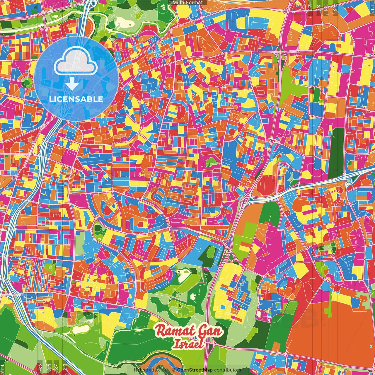 Ramat Gan, Tel Aviv, Israel Crazy Colorful Street Map Poster Template