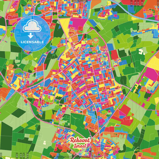 Rehovot, Center, Israel Crazy Colorful Street Map Poster Template
