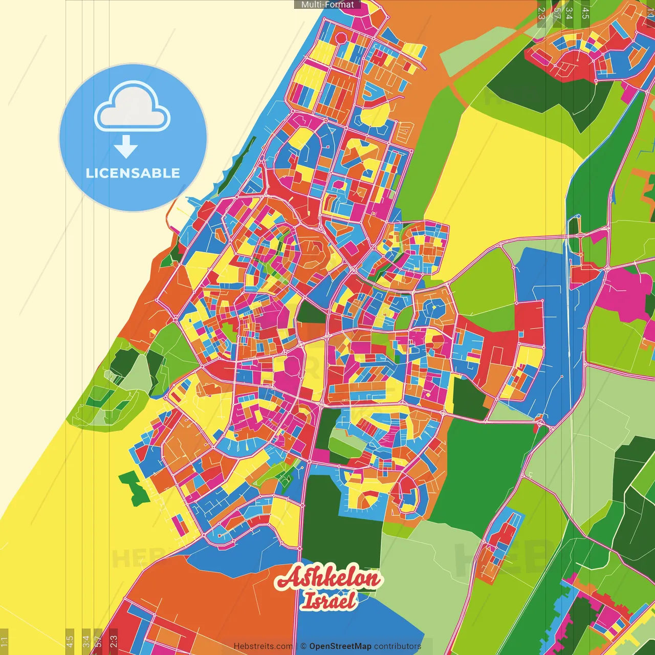 Ashkelon, South, Israel Crazy Colorful Street Map Poster Template