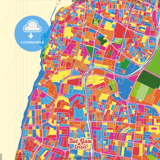 Bat Yam, Tel Aviv, Israel Crazy Colorful Street Map Poster Template