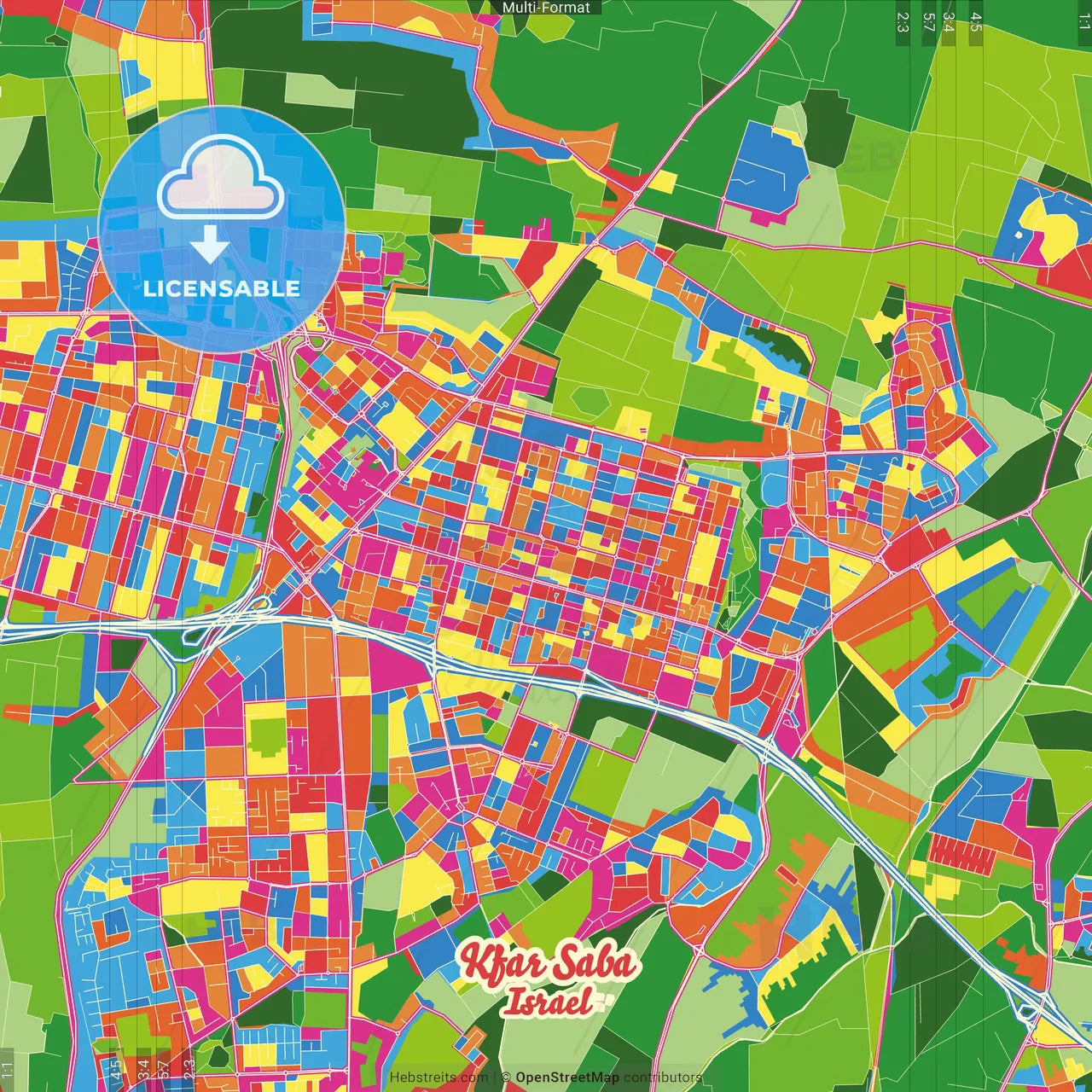Kfar Saba, Center, Israel Crazy Colorful Street Map Poster Template