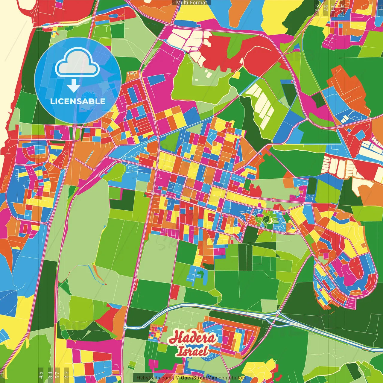 Hadera, Haifa, Israel Crazy Colorful Street Map Poster Template