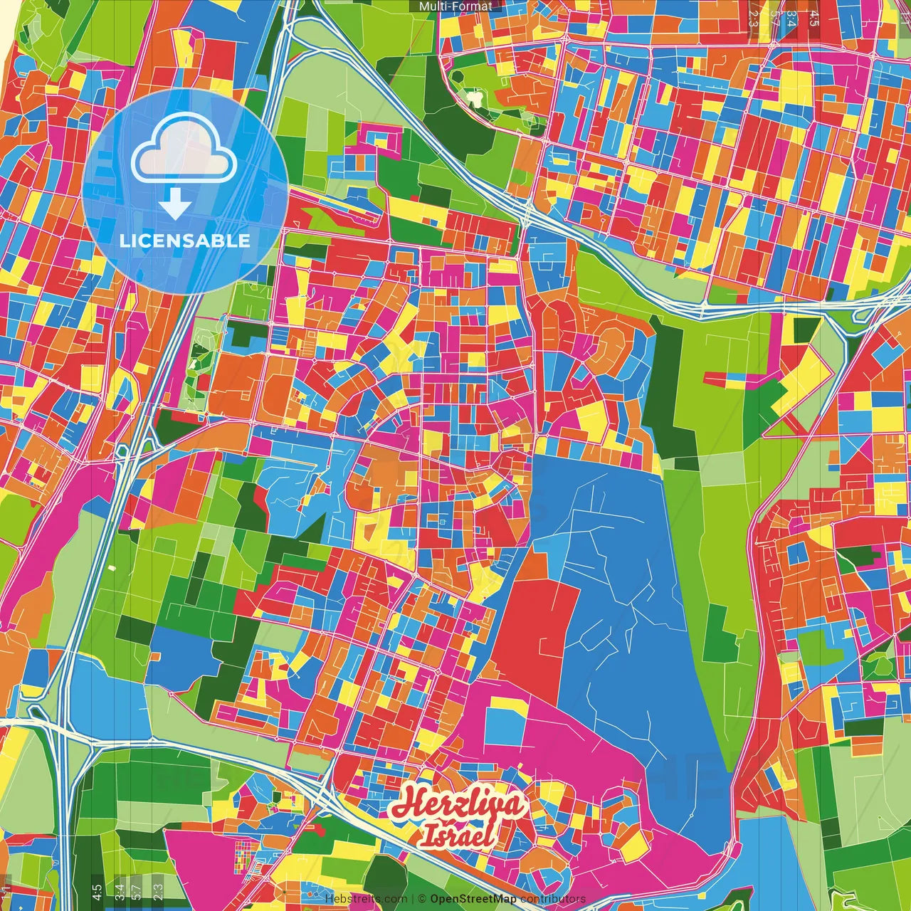 Herzliya, Tel Aviv, Israel Crazy Colorful Street Map Poster Template