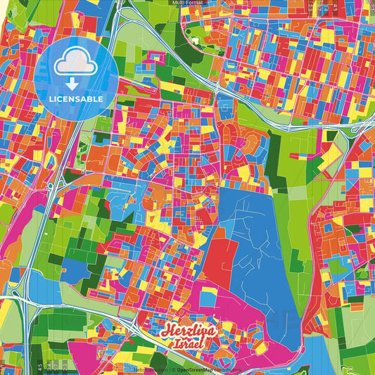 Herzliya, Tel Aviv, Israel Crazy Colorful Street Map Poster Template