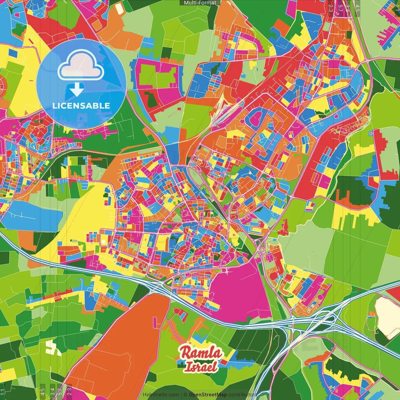 Ramla, Center, Israel Crazy Colorful Street Map Poster Template