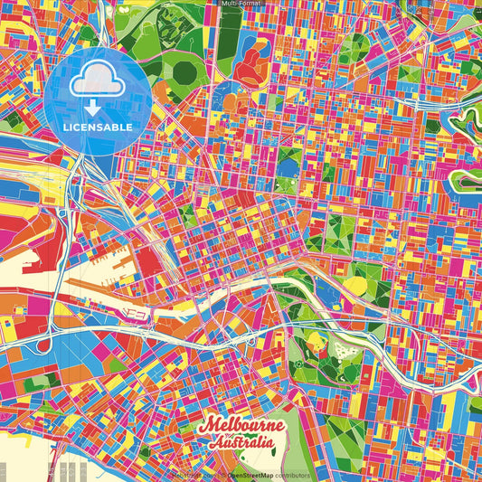Melbourne, Victoria, Australia Crazy Colorful Street Map Poster Template