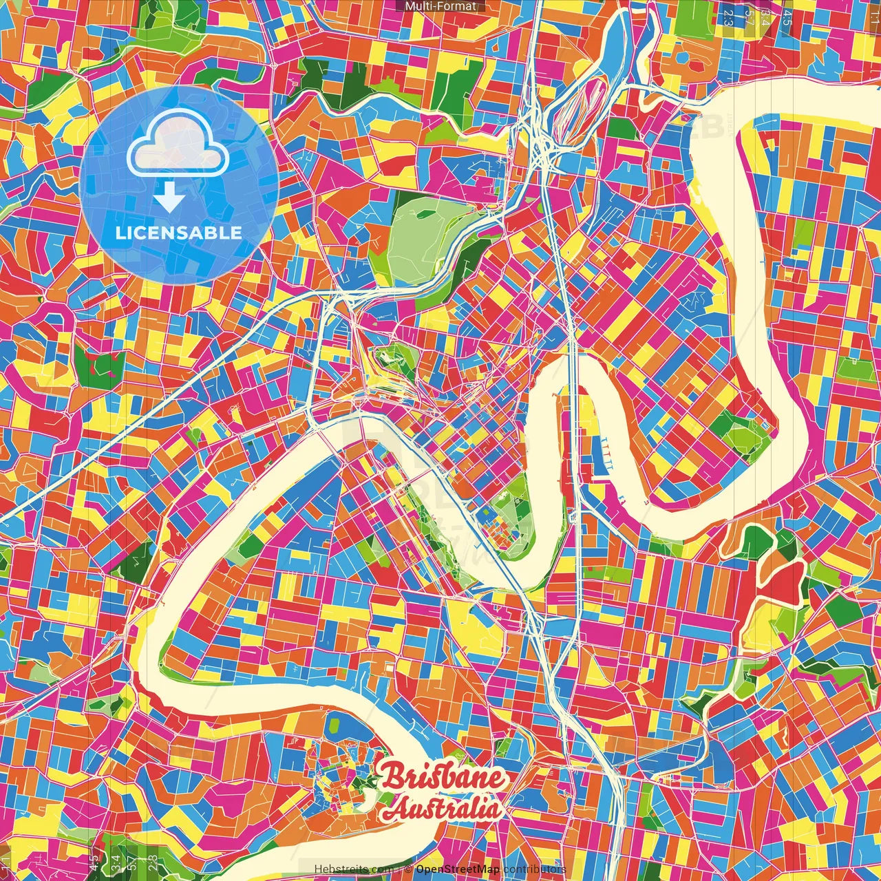 Brisbane, Queensland, Australia Crazy Colorful Street Map Poster Template