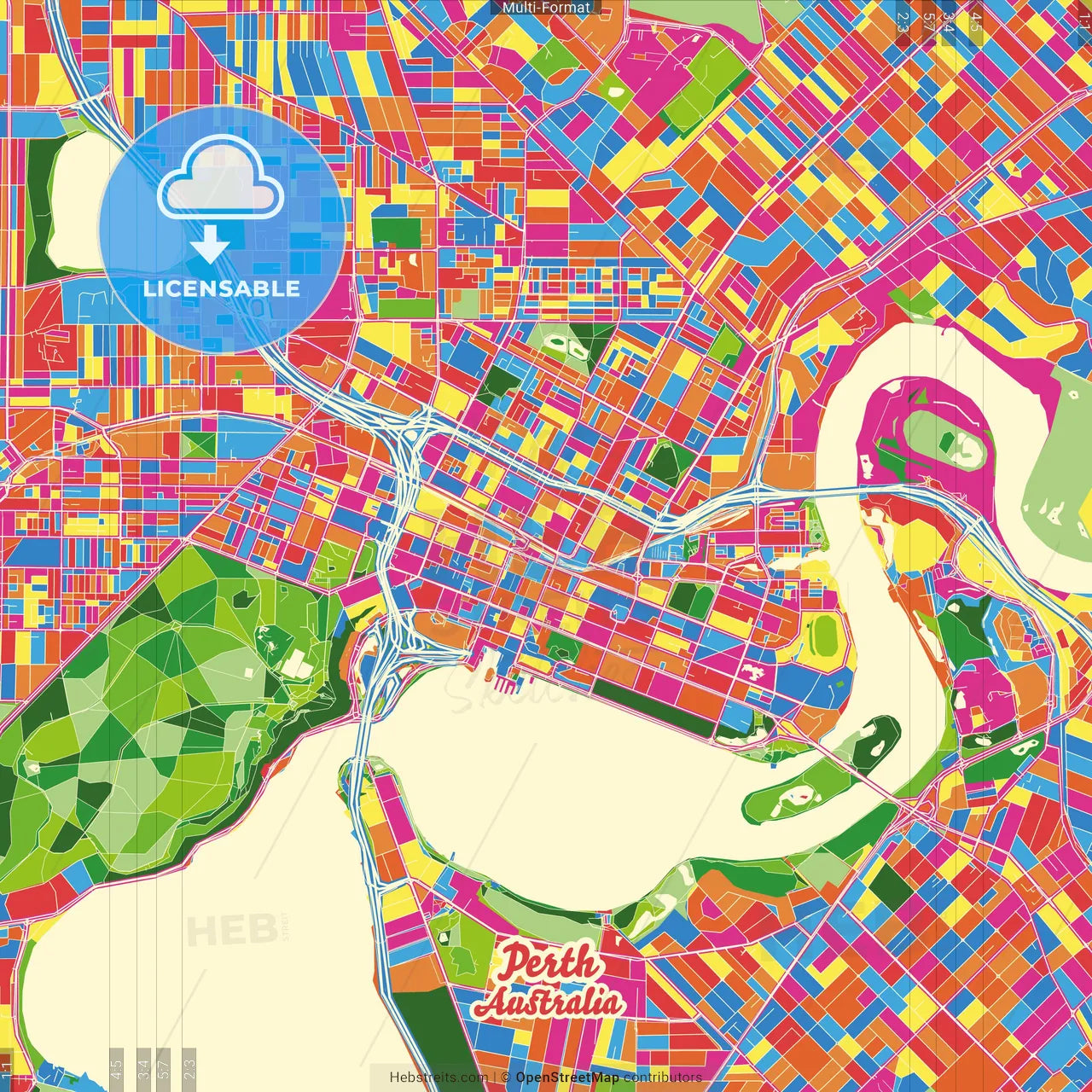 Perth, Western Australia, Australia Crazy Colorful Street Map Poster Template