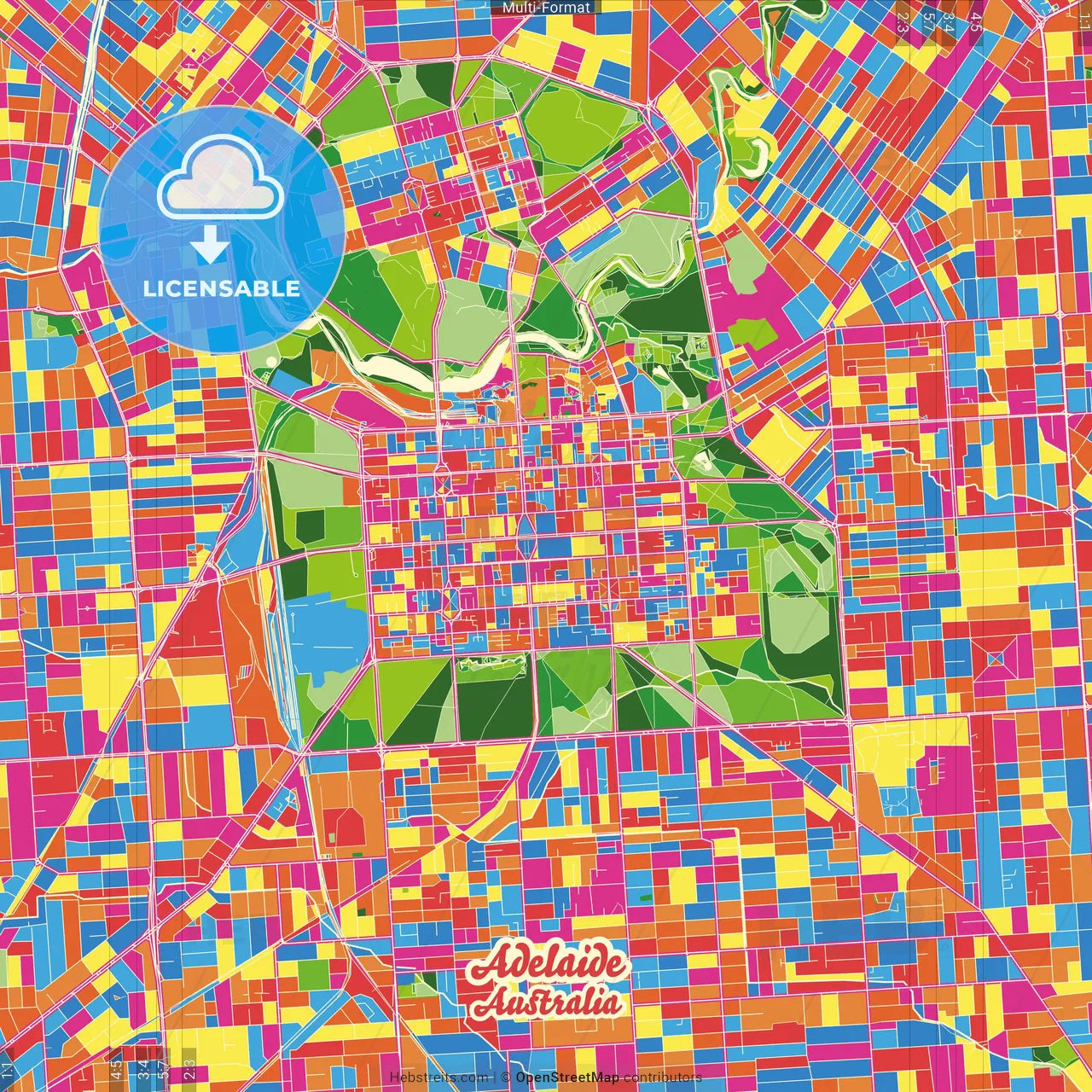 Adelaide, South Australia, Australia Crazy Colorful Street Map Poster Template