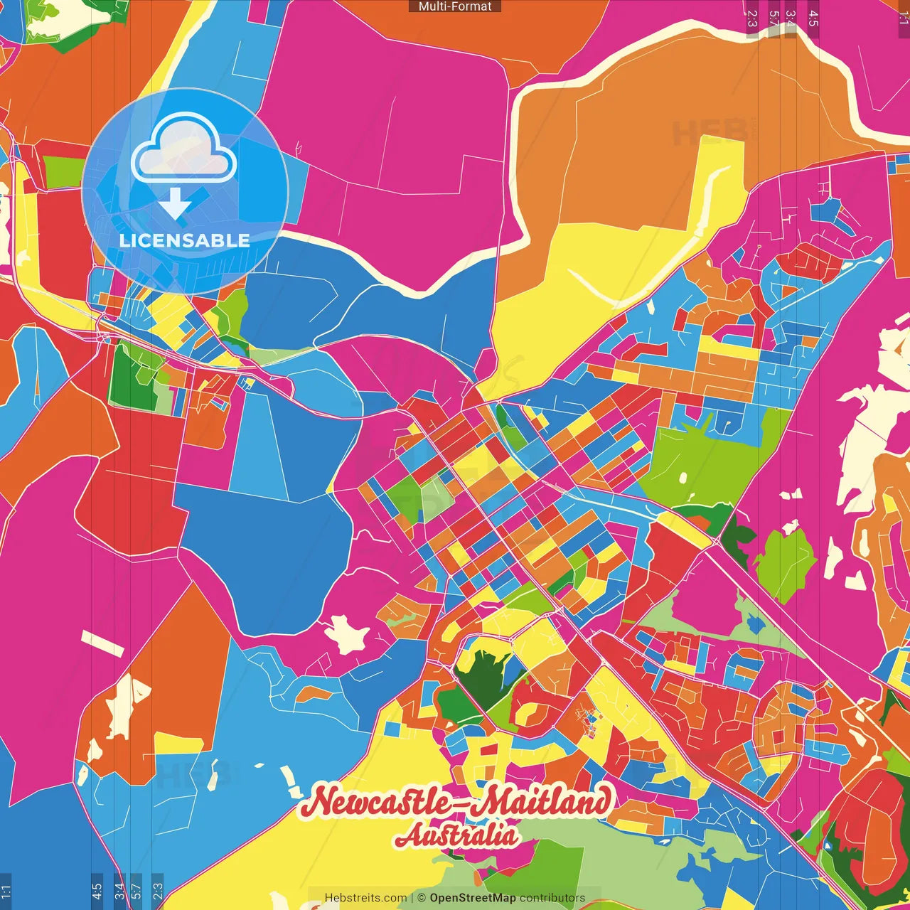Newcastle–Maitland, New South Wales, Australia Crazy Colorful Street Map Poster Template