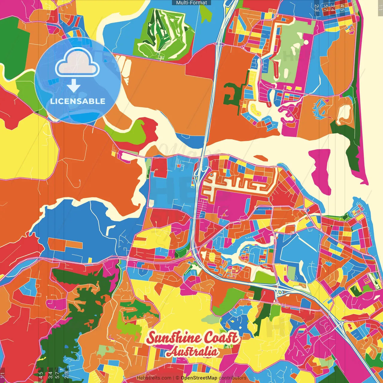 Sunshine Coast, Queensland, Australia Crazy Colorful Street Map Poster Template