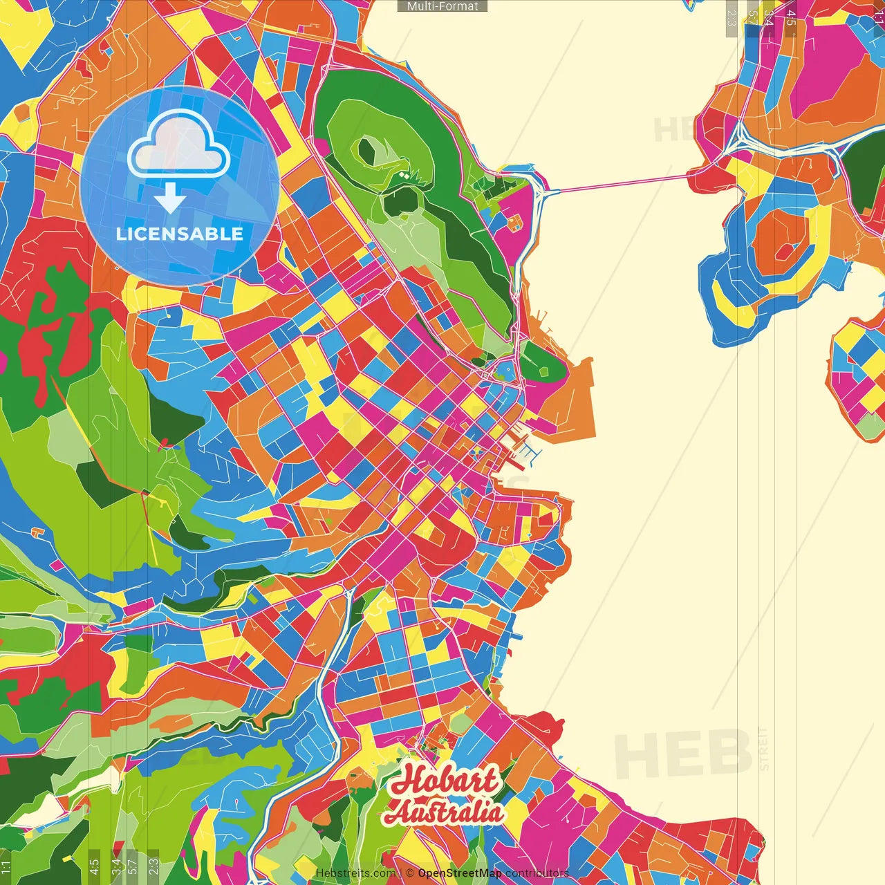 Hobart, Tasmania, Australia Crazy Colorful Street Map Poster Template