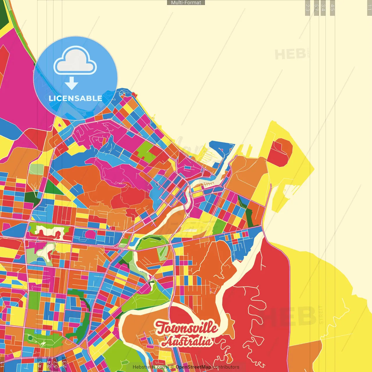 Townsville, Queensland, Australia Crazy Colorful Street Map Poster Template