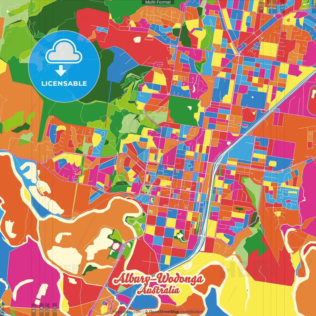 Albury–Wodonga, New South Wales/Victoria, Australia Crazy Colorful Street Map Poster Template