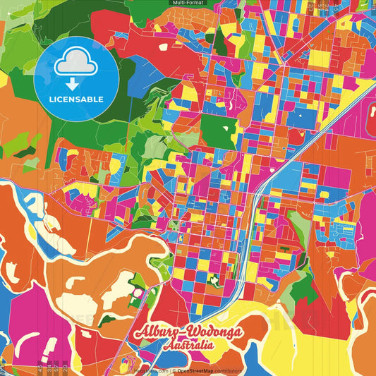 Albury–Wodonga, New South Wales/Victoria, Australia Crazy Colorful Street Map Poster Template