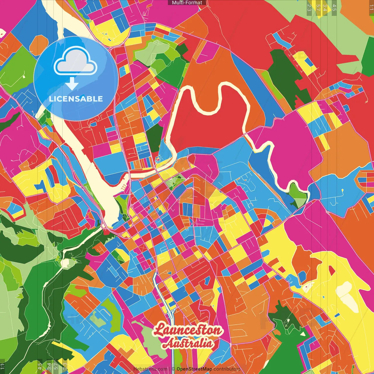 Launceston, Tasmania, Australia Crazy Colorful Street Map Poster Template