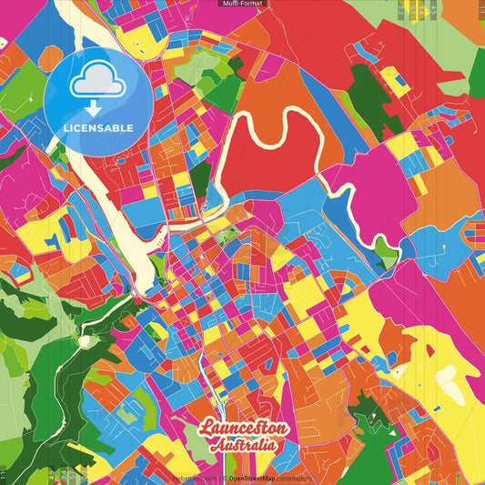 Launceston, Tasmania, Australia Crazy Colorful Street Map Poster Template