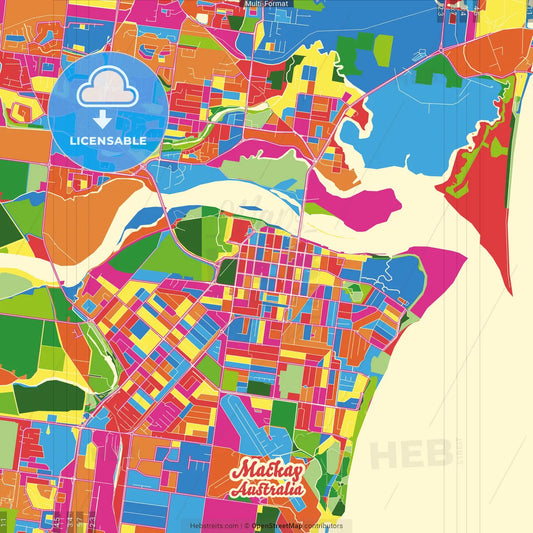 Mackay, Queensland, Australia Crazy Colorful Street Map Poster Template