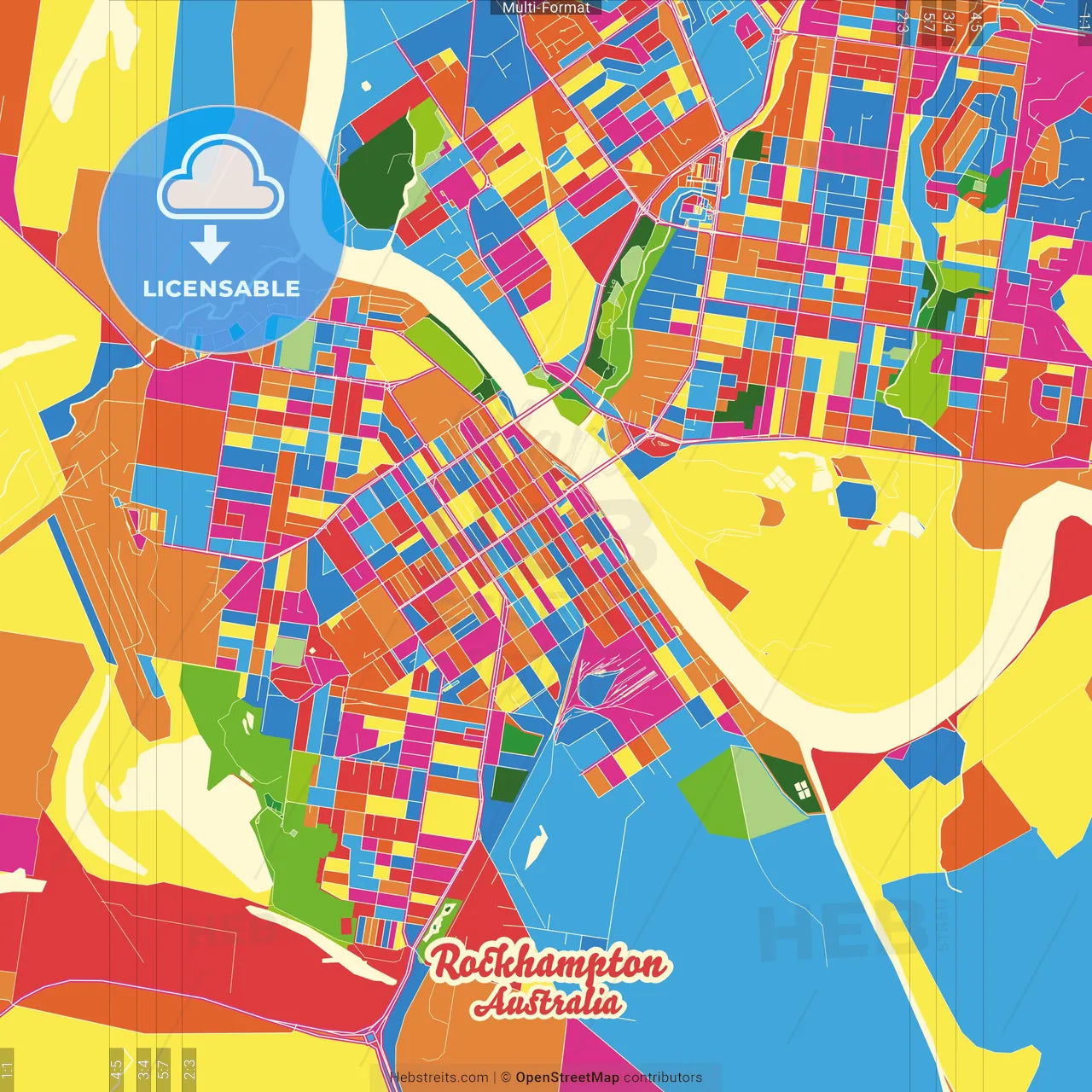 Rockhampton, Queensland, Australia Crazy Colorful Street Map Poster Template