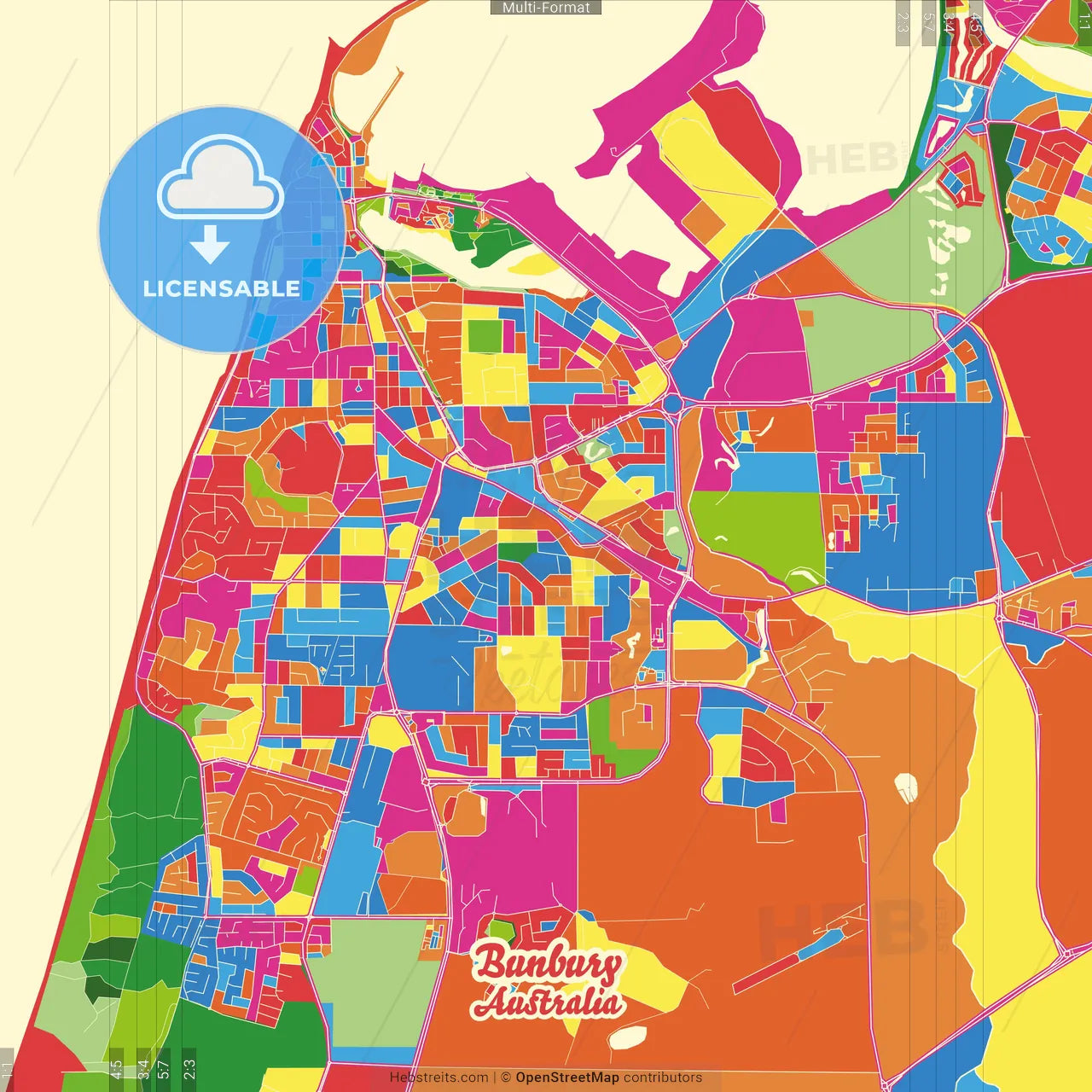 Bunbury, Western Australia, Australia Crazy Colorful Street Map Poster Template