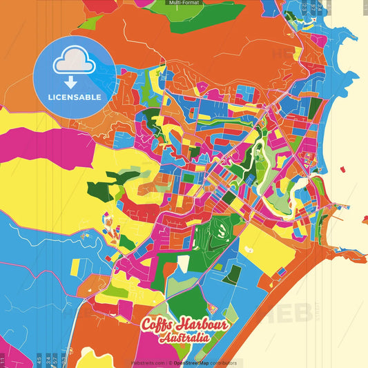 Coffs Harbour, New South Wales, Australia Crazy Colorful Street Map Poster Template