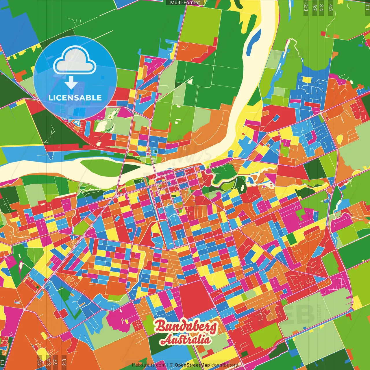 Bundaberg, Queensland, Australia Crazy Colorful Street Map Poster Template