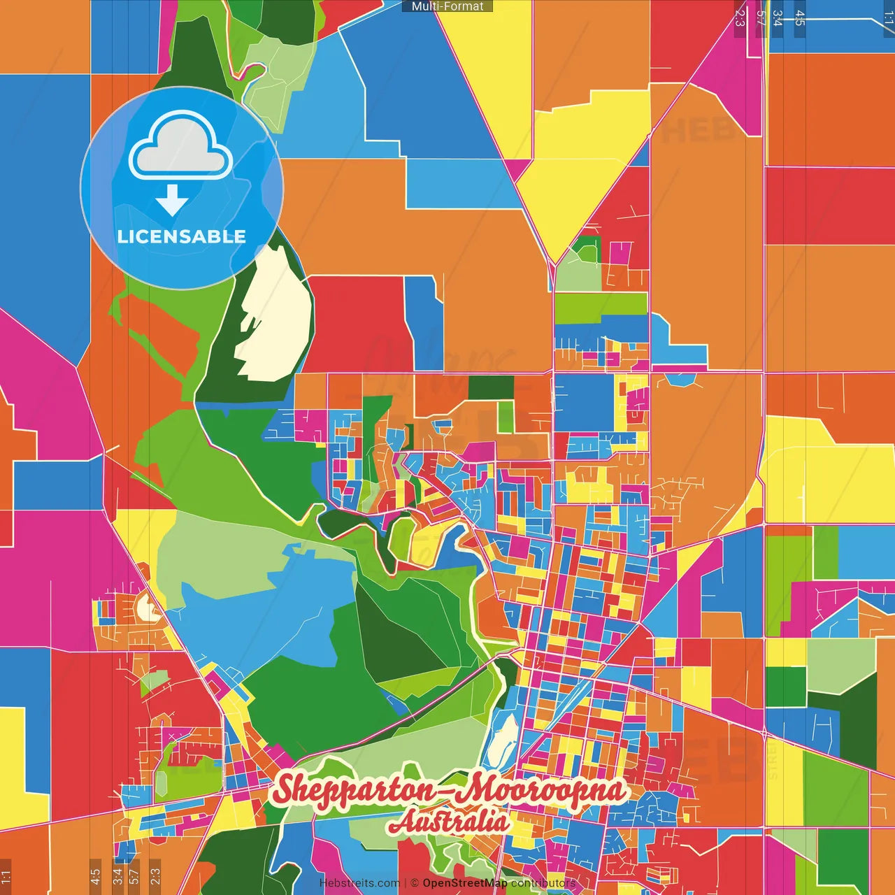 Shepparton–Mooroopna, Victoria, Australia Crazy Colorful Street Map Poster Template
