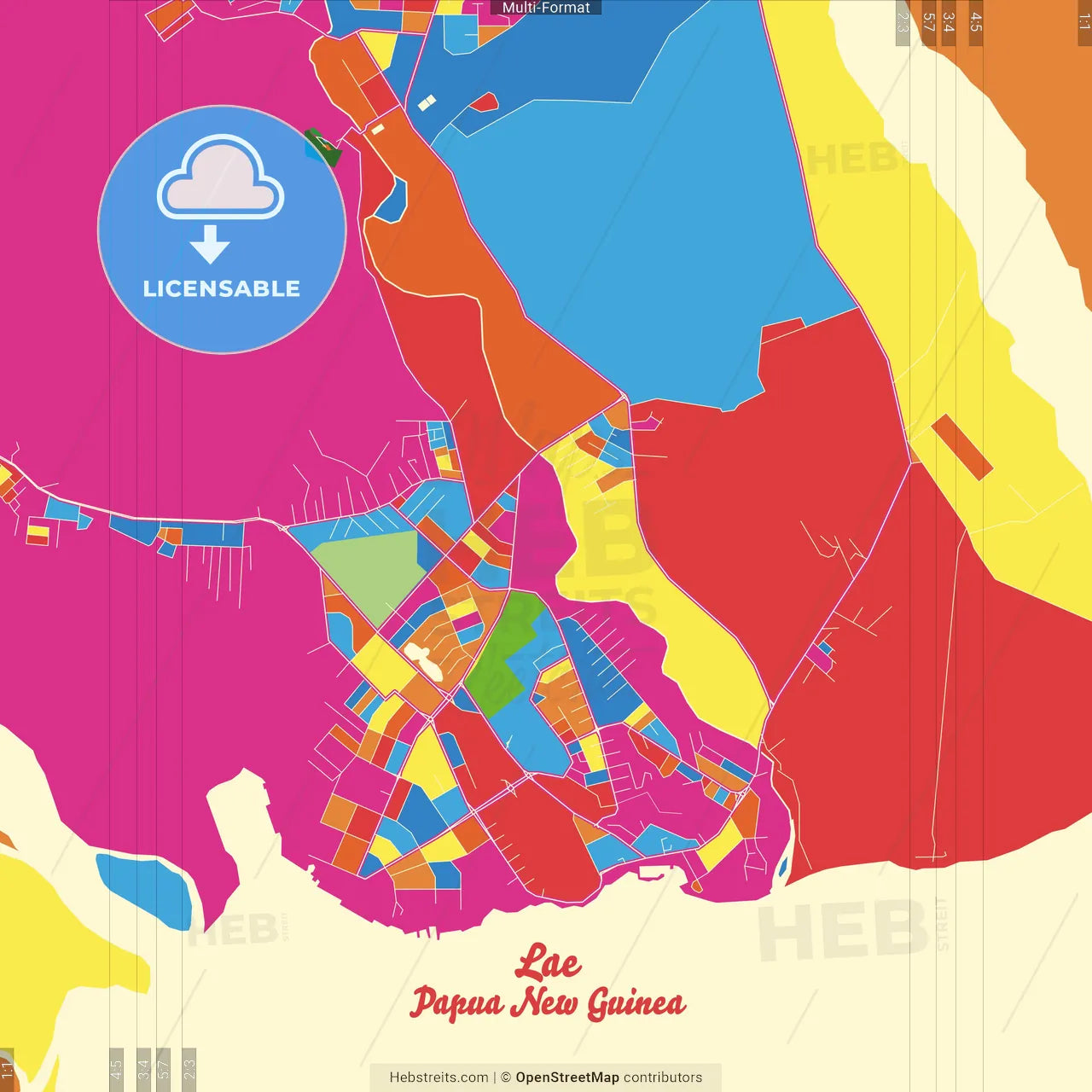 Lae, Morobe, Papua New Guinea Crazy Colorful Street Map Poster Template