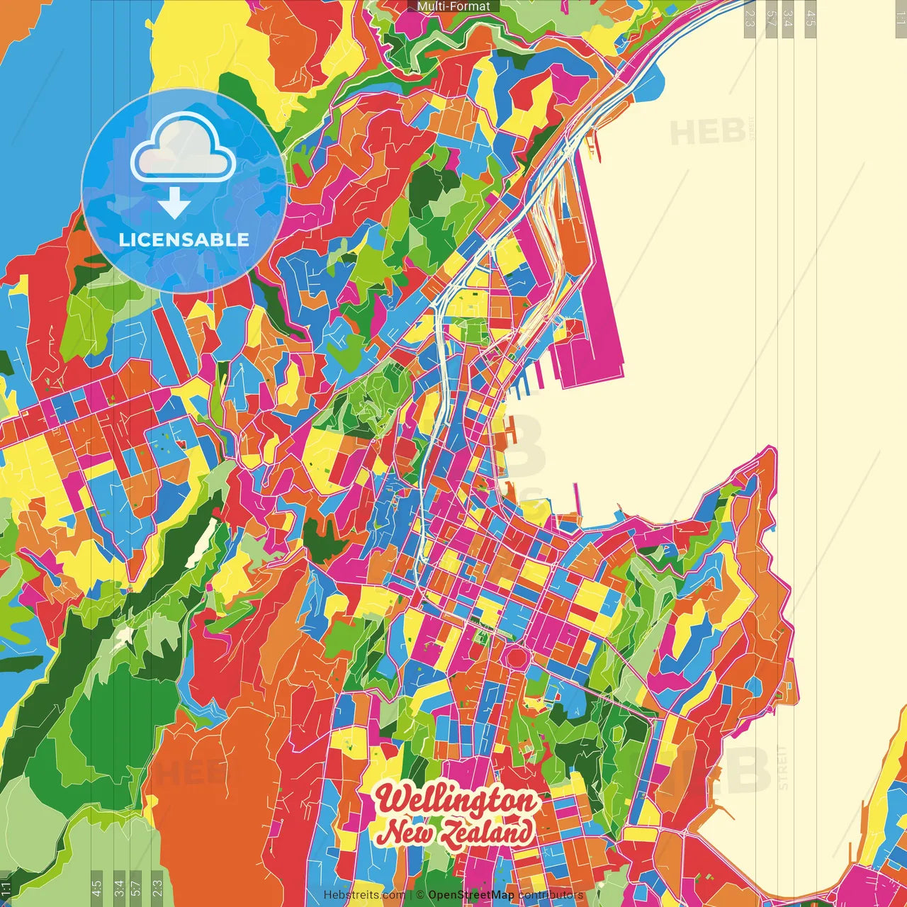 Wellington, New Zealand Crazy Colorful Street Map Poster Template