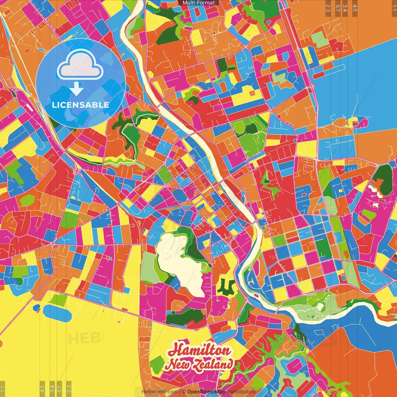 Hamilton, New Zealand Crazy Colorful Street Map Poster Template