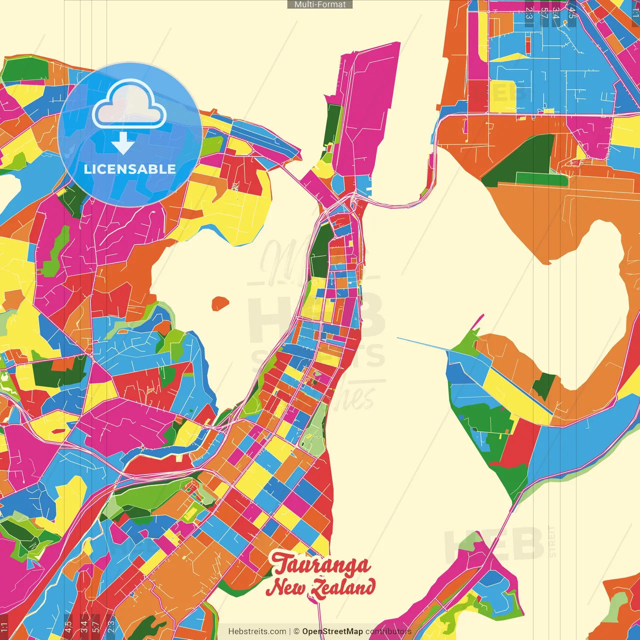 Tauranga, New Zealand Crazy Colorful Street Map Poster Template