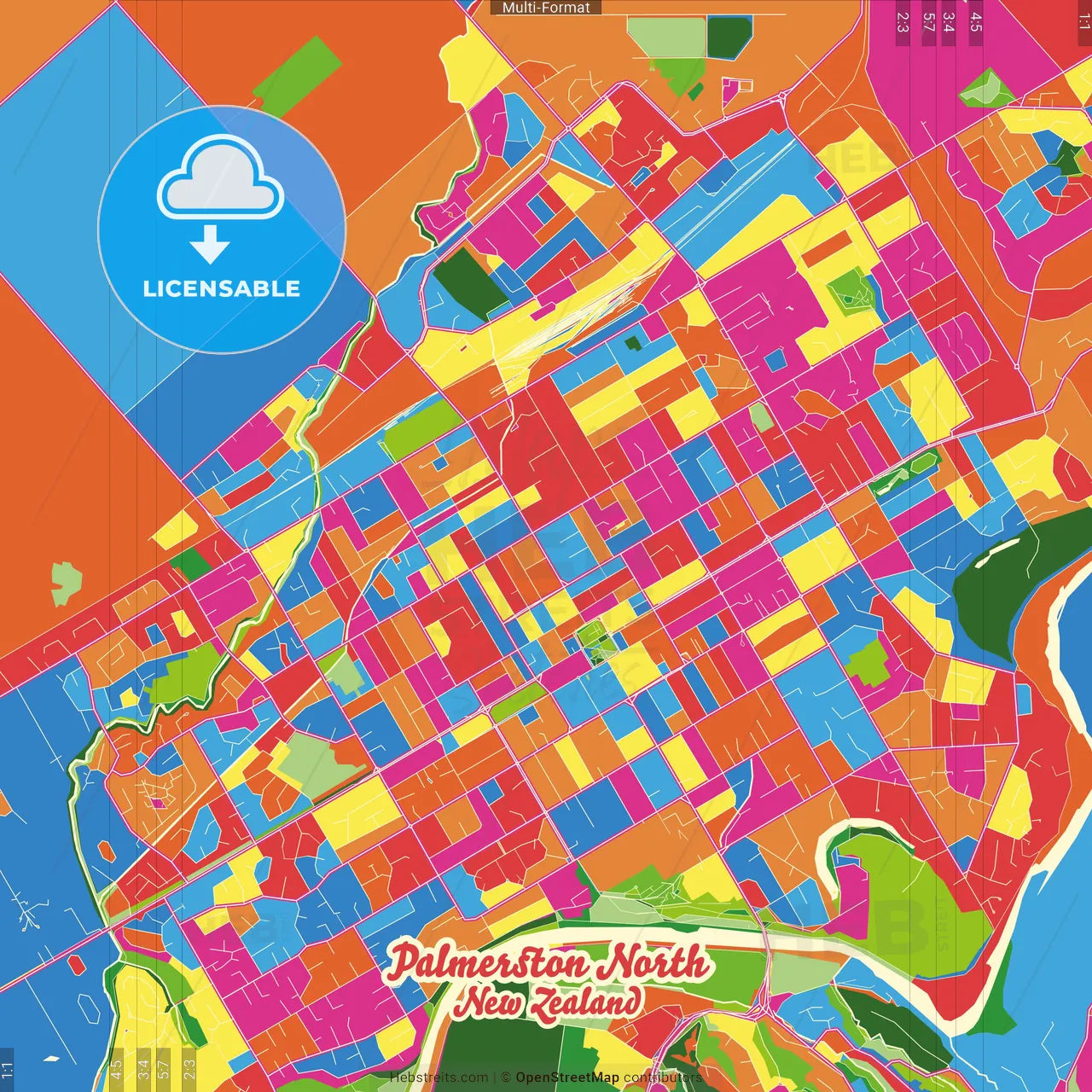 Palmerston North, New Zealand Crazy Colorful Street Map Poster Template