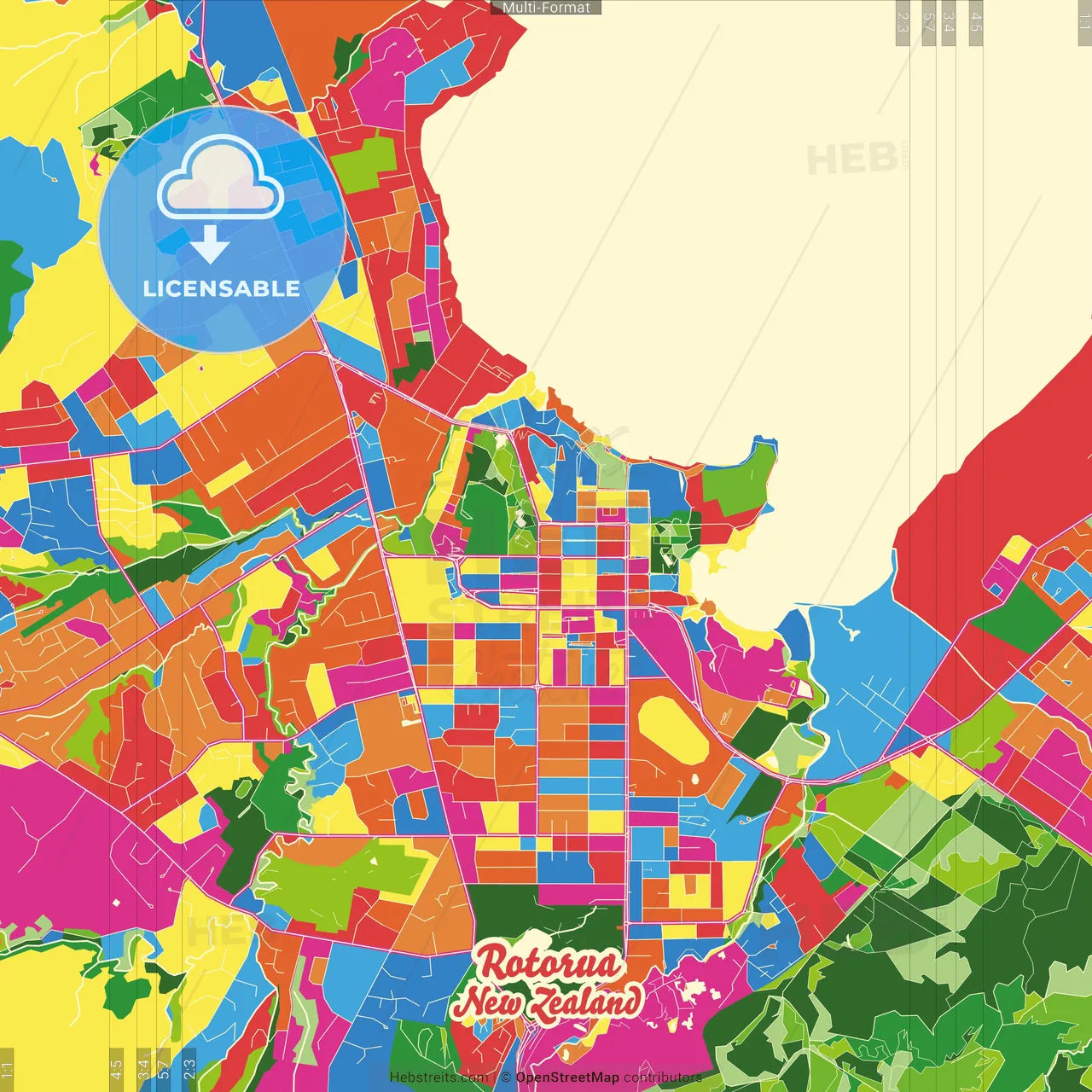 Rotorua, New Zealand Crazy Colorful Street Map Poster Template