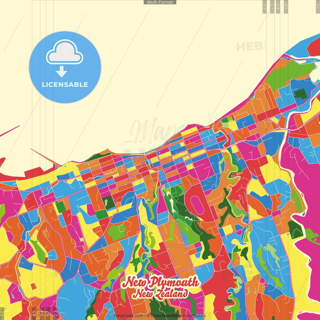 New Plymouth, New Zealand Crazy Colorful Street Map Poster Template