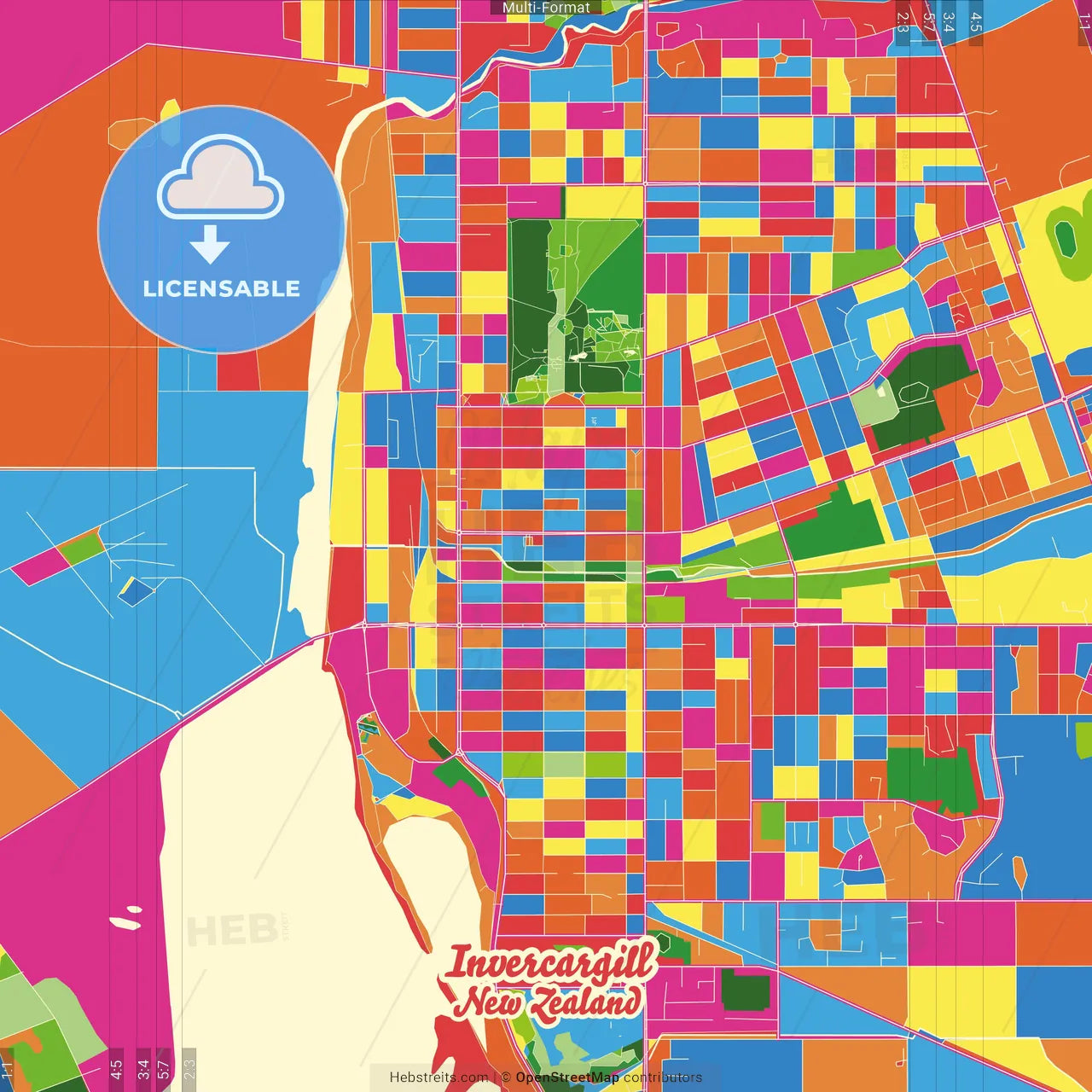 Invercargill, New Zealand Crazy Colorful Street Map Poster Template
