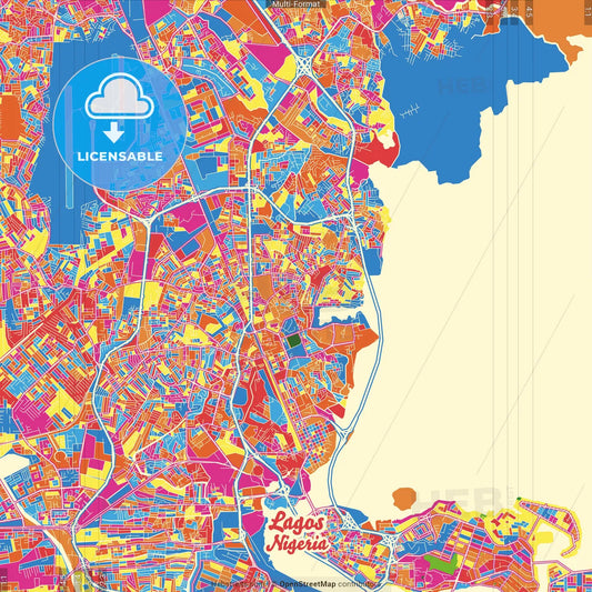 Lagos, Nigeria Crazy Colorful Street Map Poster Template