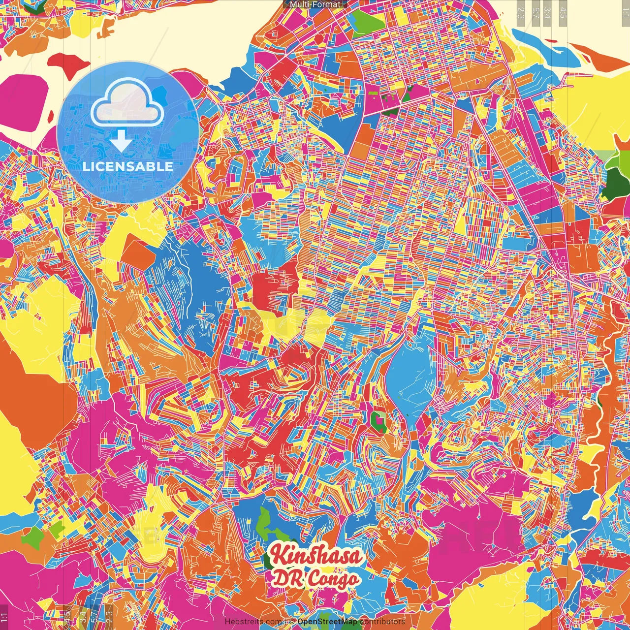 Kinshasa, DR Congo Crazy Colorful Street Map Poster Template